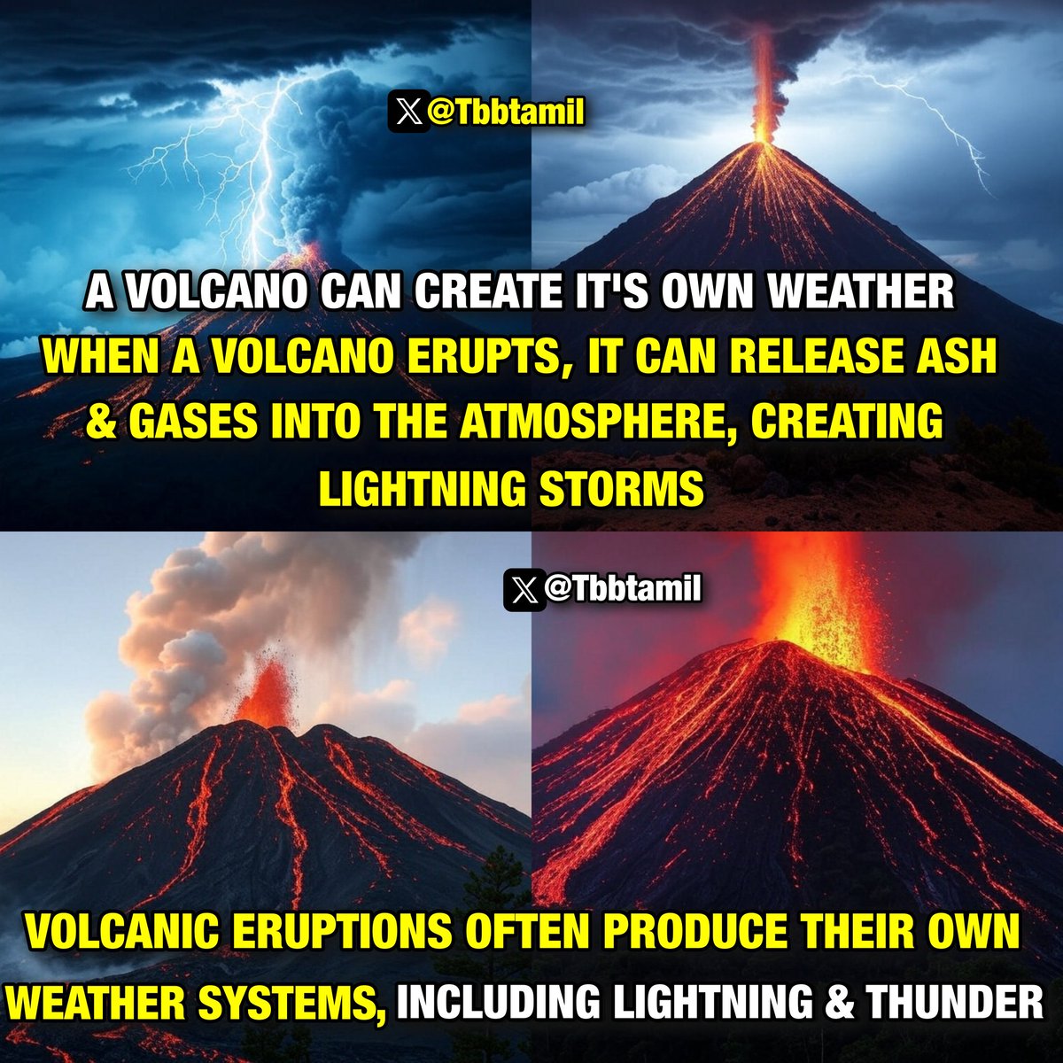 Tbbtamil's tweet image. Good Evening X Mates 🌅

When a volcano erupts, it can release
ash and gases into the atmosphere,
creating lightning storms. Volcanic
eruptions often produce their own
weather systems, including lightning
and thunder ⚡🌋
