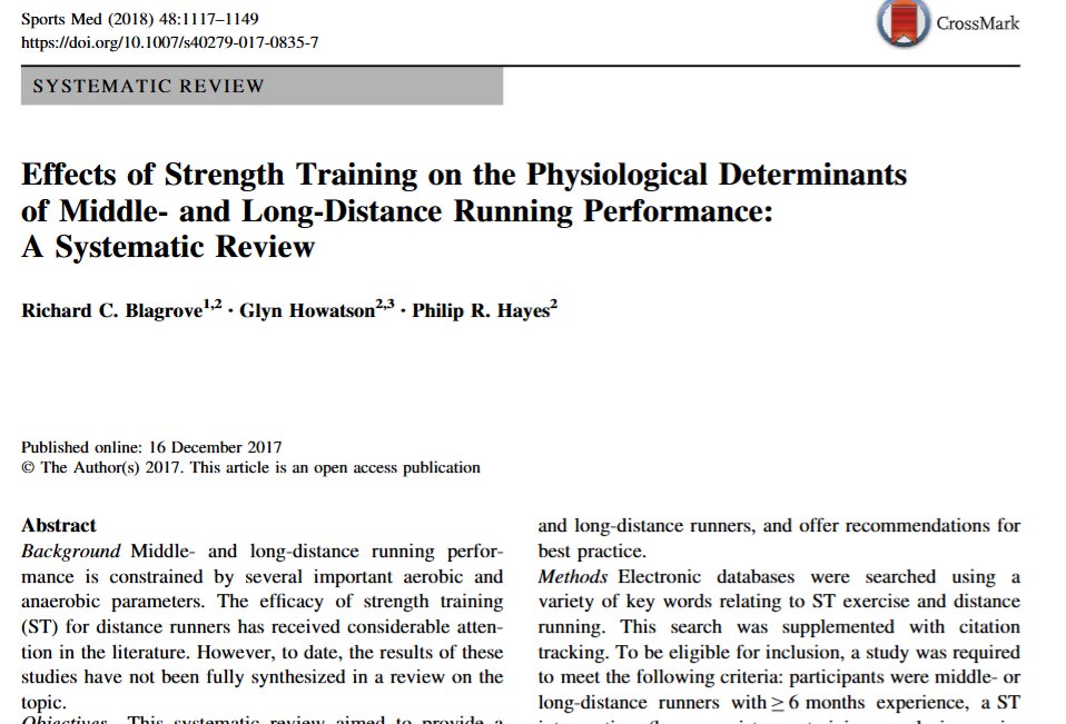 EamonnFlanagan's tweet photo. Strength training and distance running performance

1⃣ Strength training can contribute to
improved running economy, time trial performance & 
max speed ability in mid- & long-distance
runners

2⃣ Max. oxygen uptake, blood lactate markers & body composition do not appear to be negatively affected by adding  strength training to distance runners' programs

3⃣ Strength training via heavy resistance training,
explosive resistance training and/or plyometric training,  x 2–3 / week is likely to
positively affect endurance performance

The mechanisms by which strength training (and related modalities) positively affect endurance distance running performance most likely relate to improvements in intra-muscular co-ordination and increases in tendon stiffness which contribute to optimizing force–length-velocity properties of muscle.