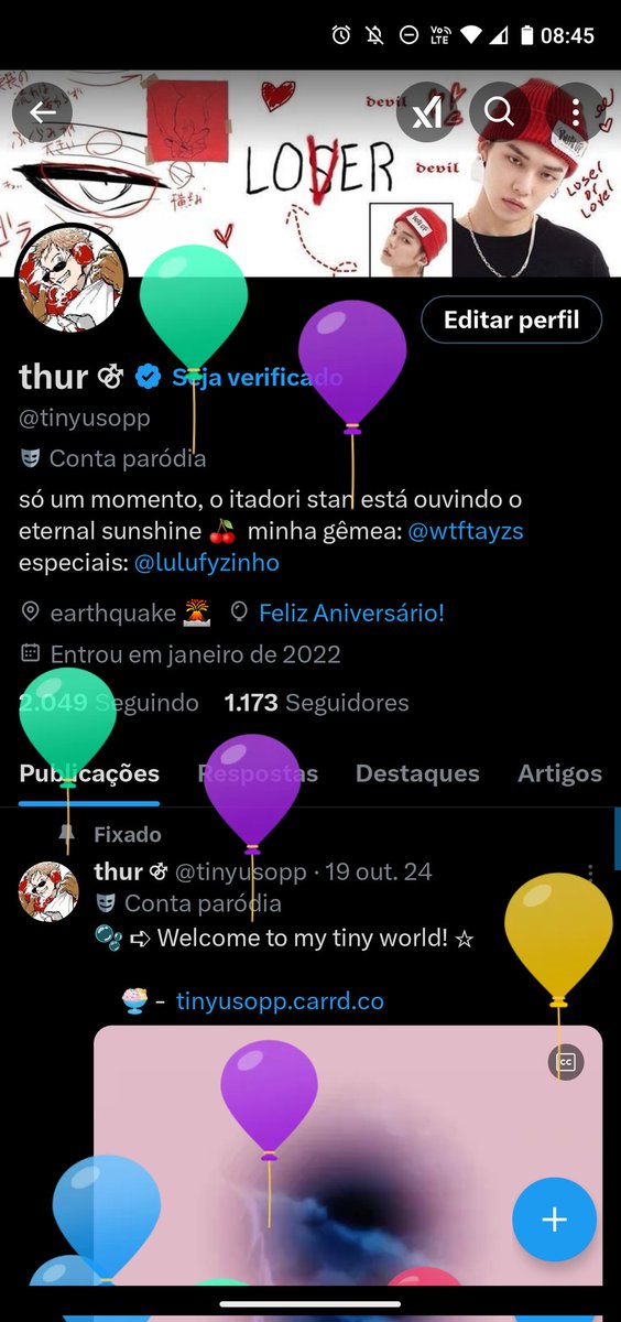 tinyusopp's tweet photo. OIIII GENTE SEI Q NÃO USO ESSA CONTA MAS PARABÉNS PRA MIM OLHEM OS BALÃOZINHOS NO MEU PERFILLLLLLL BEIJOSSS https://t.co/1atY4ayGfg