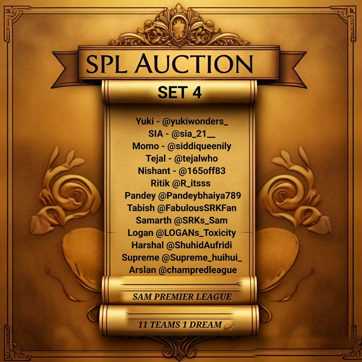 SPLOfficials's tweet photo. SPL AUCTION DAY 1 SET 4

Each set consists of 13 talented players who will be auctioned in telegram tonight. 

Telegram link : https://t.co/85LdSYKd51

Time: 7PM - 9PM

#SPL #AUCTIONDAY #DAY1  #Set4 https://t.co/ygqBT2xBkB