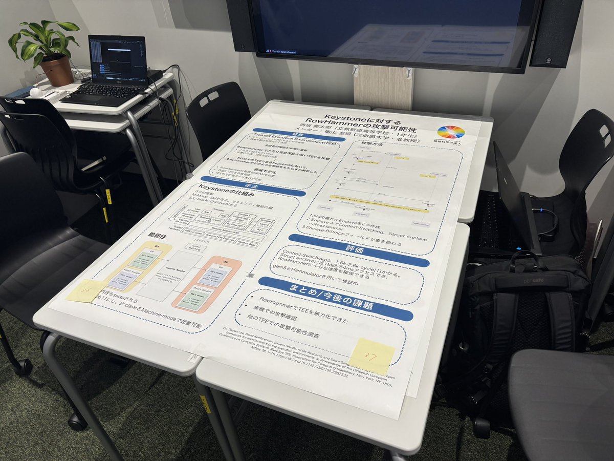 KuonRuri's tweet photo. 情報処理学会で、「Keystoneに対するRowHammerの攻撃可能性の評価」というタイトルで発表しました
情報科学の達人で行っていた研究です https://t.co/Wnk6W1Yy9u