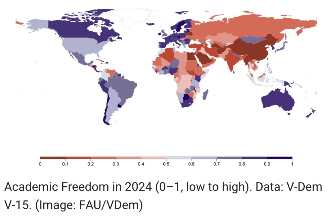 The 2024 Academic Freedom Index reveals that rising anti-pluralist party influence correlates with declining academic freedom in 34 countries, including democracies like Argentina, Finland, and the U.S.  fau.eu/2025/03/news/a… 
#AcademicFreedom #Democracy