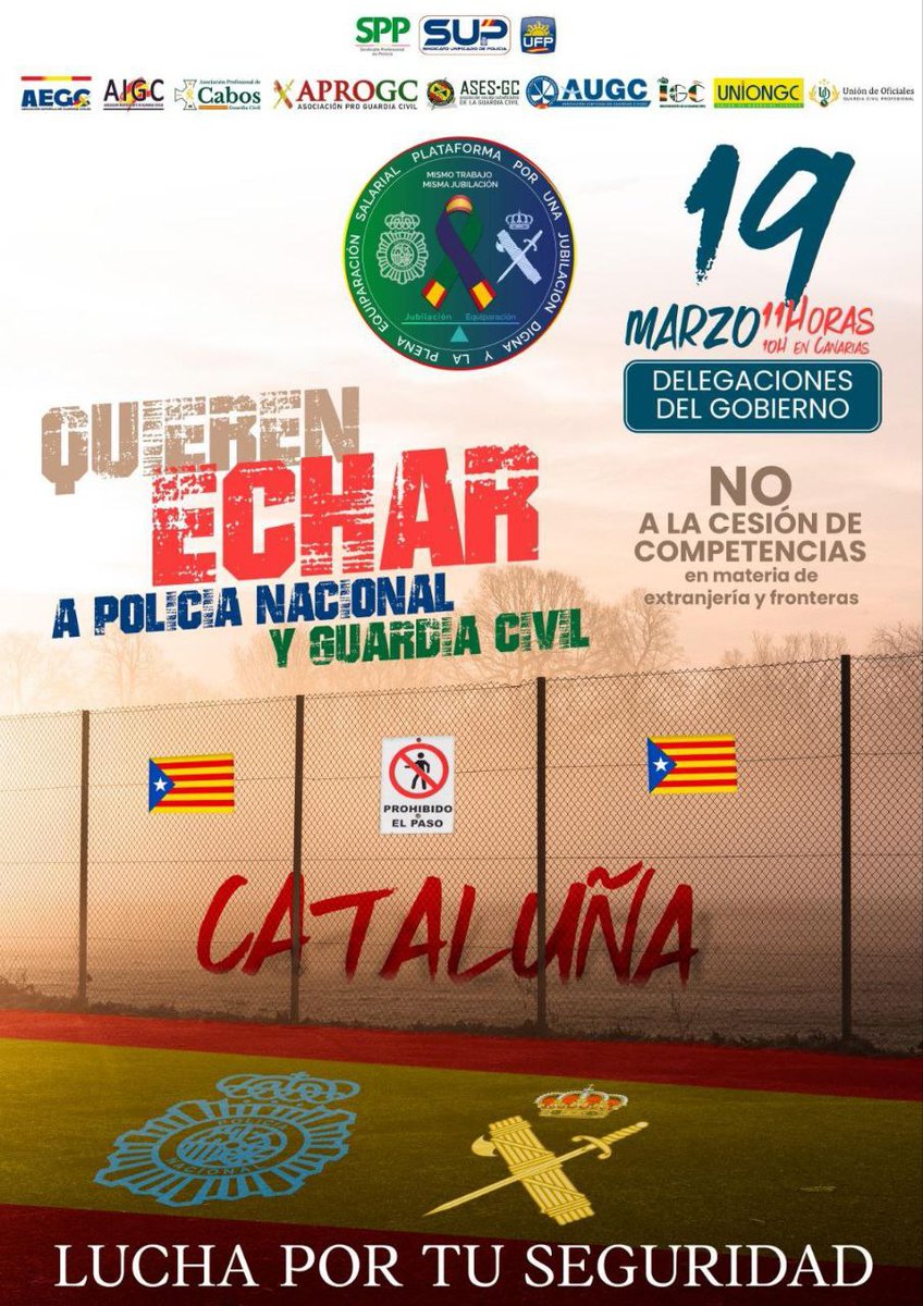 🚨El #Gobieno nos quieren fuera de Cataluña.⛔️ NO a la cesión de competencias en extranjería y fronteras. 
⚠️La #PolicíaNacional y la #GuardiaCivil son esenciales para proteger España🇪🇦👮las competencias no es moneda de cambio.

📅 19 de marzo.
🏛En tu Delegacion del Gobierno✊️