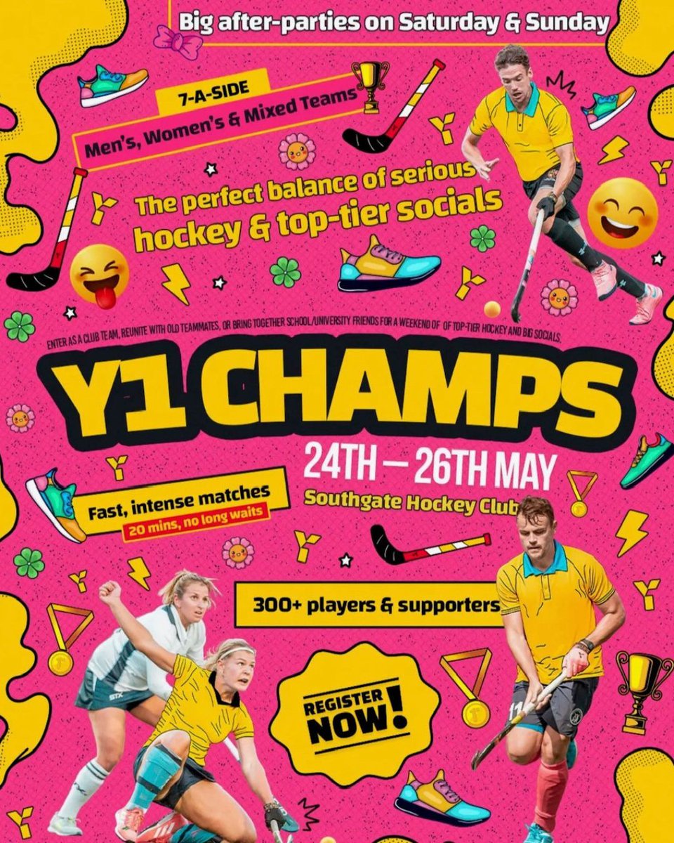 Y1 CHAMPS 7s TOURNAMENT

Bank Holiday Weekend
Sat 24th May to Mon 26th May
@southgatehockeycentre

Register your teams now at the link below:

buff.ly/j9tv3jm 

@y1hockey
@southgategatehockeyclub
@southgatehockeycentre
