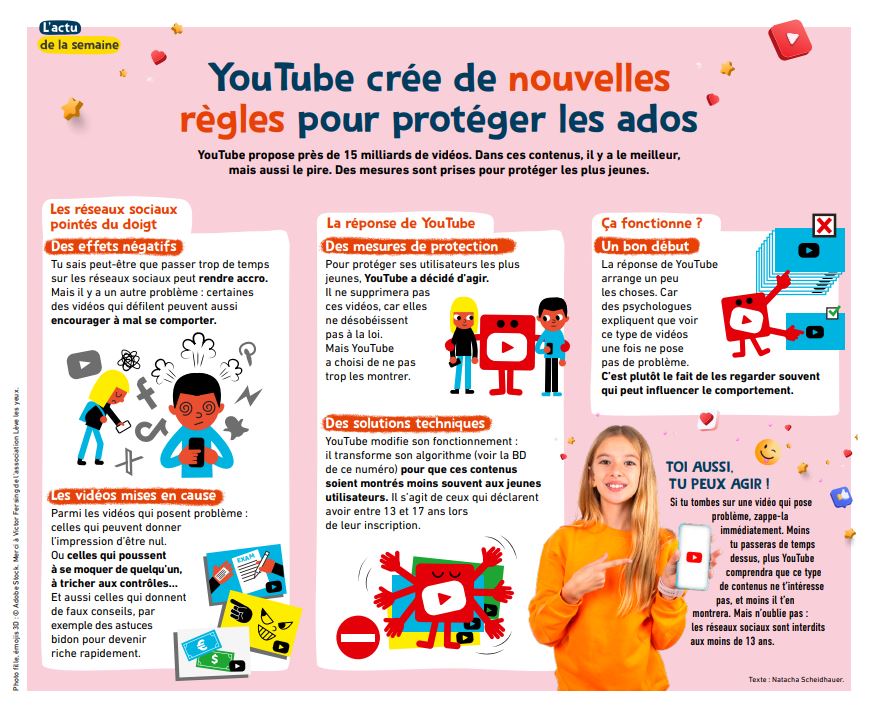 #Enseignants 📢 Le poster de l’#actu décrypte les nouvelles règles de #YouTube pour protéger les ados des contenus à risque.

🎥 Un outil clé pour sensibiliser vos élèves aux réseaux sociaux et à l’usage du #numérique !

📥 Téléchargez-le ici 👇
🔗 1jour1actu.pulse.ly/sr2lcgepgv