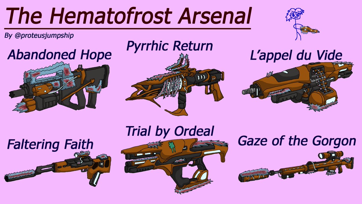 proteusjumpship's tweet image. Showcasing: The Hematofrost Arsenal!

Based on the red and blue ice that covers Europa&apos;s surface, this weapon set is a concept similar to other seasonal weapon suites, like the Heretical Arsenal.  

Perks, stats, and my thoughts will be available for each weapon in the comments!