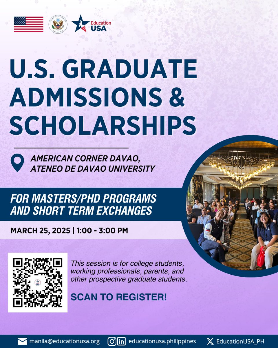 EducationUSA is heading to Davao! 🚗

Meet the team as we conduct three events in Davao from March 24-25, 2025 at American Corner Davao in Ateneo de Davao University. Check the details of each event:

🗓️March 24 (Monday) |  9-11 AM
Guidance Counselor Workshop
▶️Register HERE: