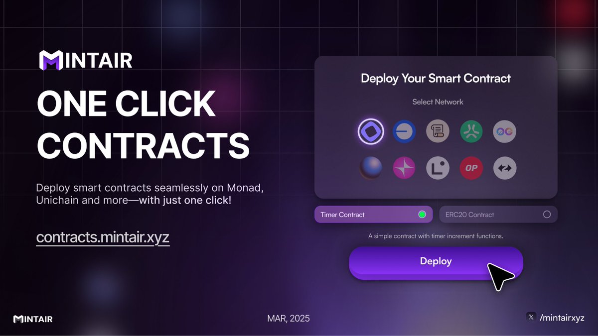 ONE CLICK CONTRACTS🚨

You can now deploy Smart Contacts on networks such as <a href="/monad_xyz/">Monad</a> and many more in just one click on contracts.mintair.xyz obviously free of cost! (Just make sure you have enough faucet🚰)

Select Network > Select Contract > Deploy🪄
