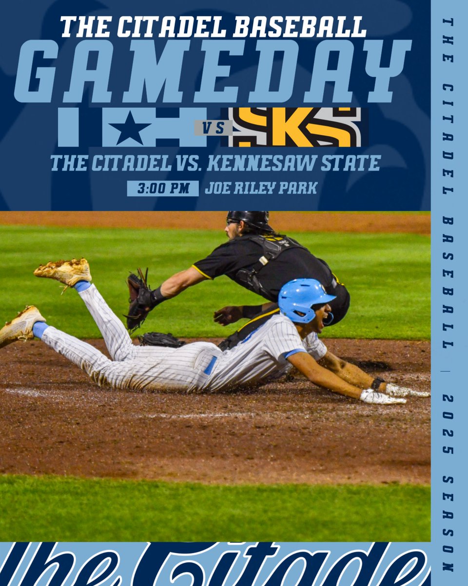 CitadelBaseball's tweet photo. Game Day!

🆚Kennesaw State
⏰3 p.m.
🏟️Joe Riley Park
📊https://t.co/IJmXVqs2gi
📺https://t.co/nKyWV7VYWh
🎟️https://t.co/UZLnqkMeTk

#jOURney https://t.co/hVGhQjdDj9