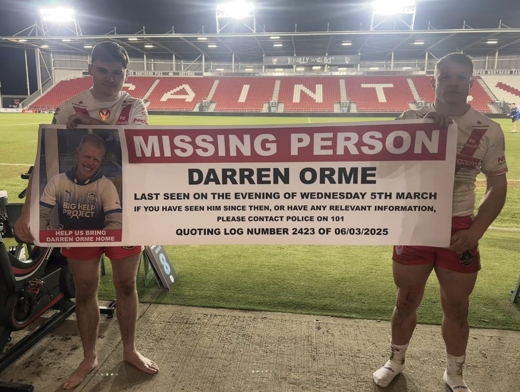 PKendrickWIG's tweet photo. Great to see @LaticsOfficial fan @jackwelsby_ and Orrell St James old-boy @lomax_1990 supporting the search for Darren Orme after last night's @Saints1890 game ❤️

Banner now on its way to the away end at Charlton for hopefully the telly (and @plattyphoto) to pick it out 🙏 #wafc https://t.co/5vd9Lzqi2L