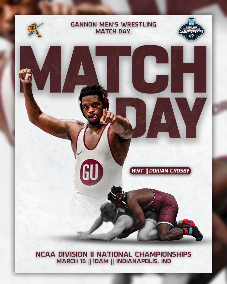 Gannon Athletics (@guknights) on Twitter photo Match Day!
🤼: <a href="/Gannon_MWR/">Gannon WRESTLING</a>
🏆: NCAA Division II National Championships – Day 2
⏰: 10:00 AM
📍: Corteva Coliseum – Indianapolis, Ind.
📊: tinyurl.com/yhvjwejp
📺: tinyurl.com/5n7wnw4y Match Day!
🤼: <a href="/Gannon_MWR/">Gannon WRESTLING</a>
🏆: NCAA Division II National Championships – Day 2
⏰: 10:00 AM
📍: Corteva Coliseum – Indianapolis, Ind.
📊: tinyurl.com/yhvjwejp
📺: tinyurl.com/5n7wnw4y