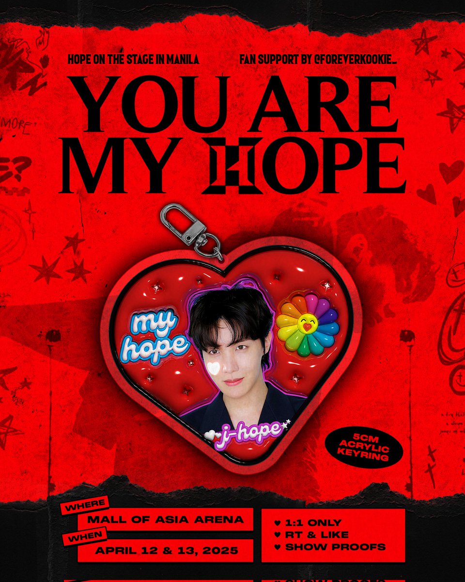 ୨♡୧  #BTS #JHOPE  fan support by <a href="/foreverkookie_/">jewel 🩵 prod sjy 🍀✨️</a> ୨♡୧
  
you are my hope 💜

♡ like + rt 
♡ show proof on d-day
♡ 1:1 ratio 

✨️ 5 cm acrylic keyring

🗓 2025.04. 12 &amp; 13 (day 1 &amp;2)
📍 moa arena

#HOPE_ON_THE_STAGE_TOUR_Manila