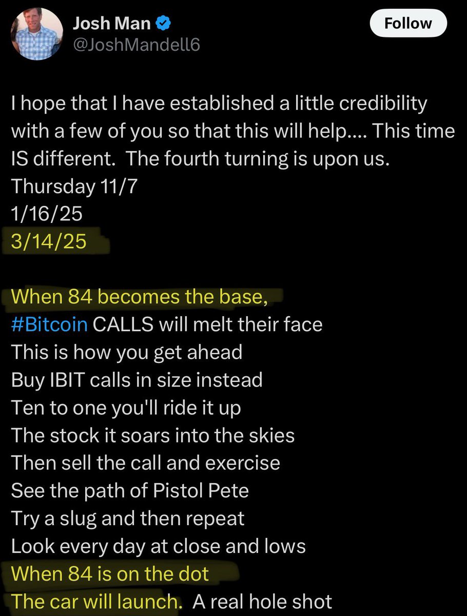 HISTORIC: TRADER JOSH MAN PREDICTED IN NOVEMBER THAT BITCOIN WOULD CLOSE AT  $84,000 ON MARCH 14, AND IT DID 🤯 HIS TOP THIS CYCLE IS $444,000 LFG 🚀