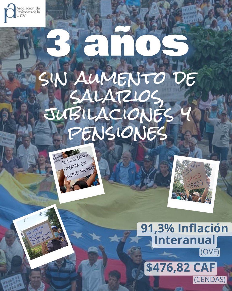APUCV's tweet photo. Hoy se cumplen 3 años de injusticia, sin aumento de salarios, pensiones ni jubilaciones en Venezuela. 1.095 días condenando en la pobreza a los más vulnerables.

Los trabajadores seguimos luchando por sobrevivir con un salario mínimo de Bs. 130. 

Exigimos #SalariosDignosYa https://t.co/SpWPCV59gt