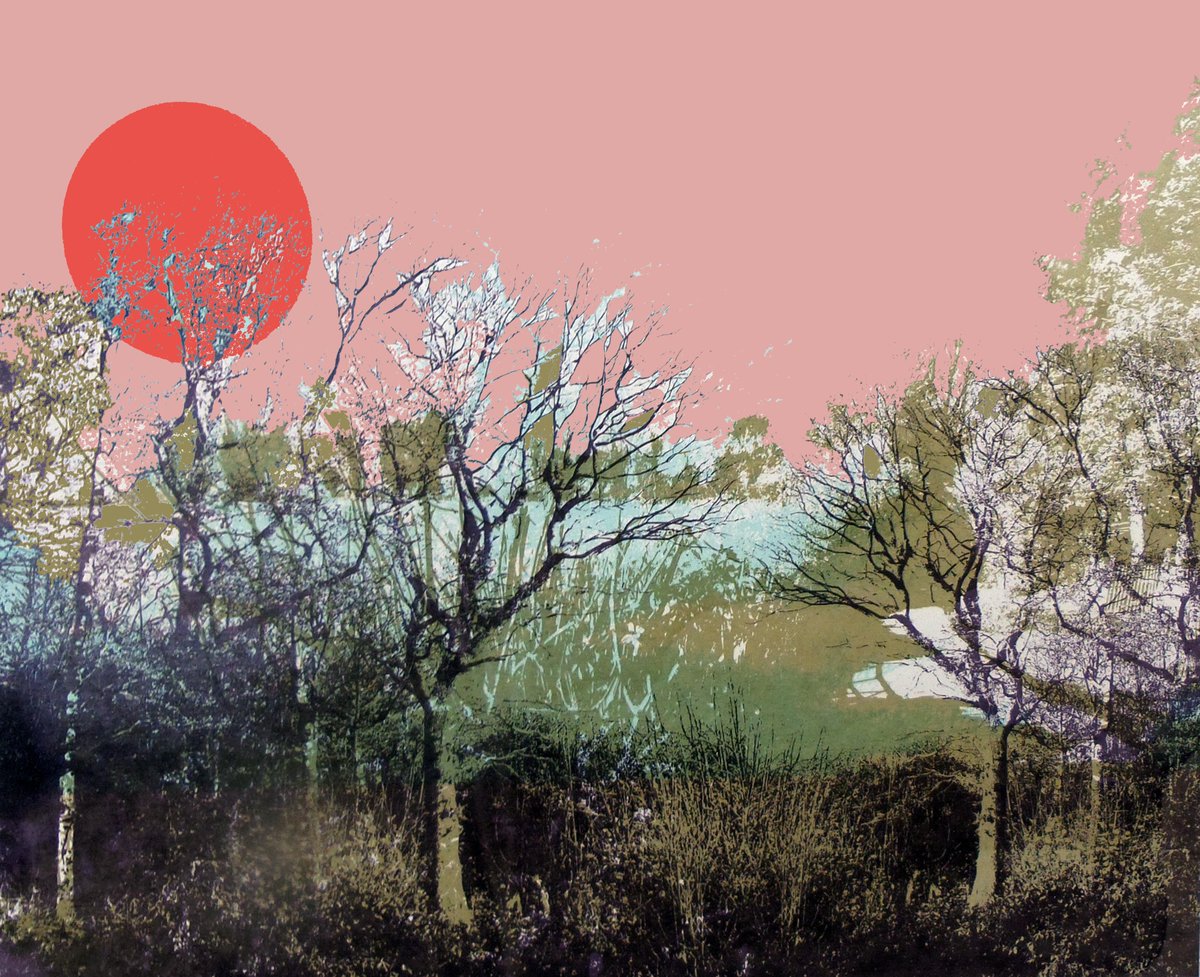 RuthMcDonald1's tweet photo. Another screen print showing the blood moon over the landscape in my locality 
I love to portray the moon in all its aspects
#bloodmoon #landscape #printmaking #trees #countyside #Kent #SaturdayVibes #screenprint #Spring #texture #painting #artwork #artist #loveart 
#glowing https://t.co/7yWOkBsLgZ