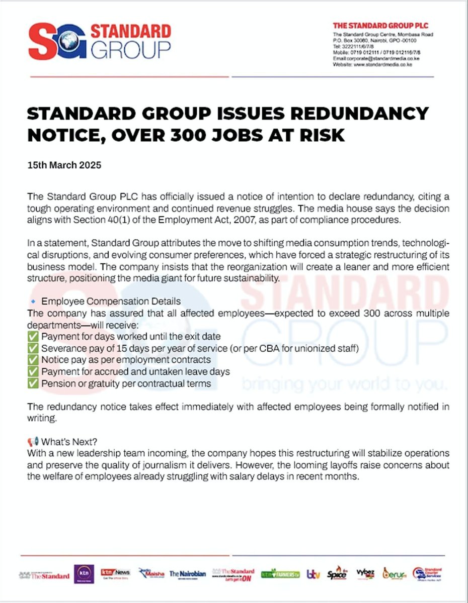 KenyaWeWant_'s tweet photo. Over 300 jobs at Standard Group at risk as the Company faces imminent collapse #RIPStandard
Nairobi CBD
Mathematics
Duale https://t.co/hlJcljo65K
