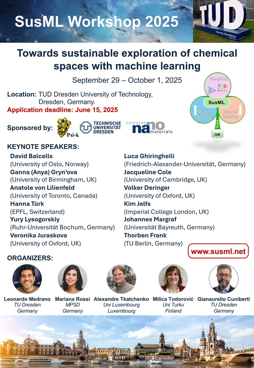 Leonardo Medrano Sandonas (@lmedranos88) on Twitter photo 👋Hallo there!
The registration for the SusML workshop is OPEN! Join us in discussions on topics such as data-efficient ML-based methodologies and the inverse property-to-structure problem.
👉More information: susml.net
Stay tuned for more updates!😉
<a href="/nanoDresden/">NanoMat Chair at TUD</a> 👋Hallo there!
The registration for the SusML workshop is OPEN! Join us in discussions on topics such as data-efficient ML-based methodologies and the inverse property-to-structure problem.
👉More information: susml.net
Stay tuned for more updates!😉
<a href="/nanoDresden/">NanoMat Chair at TUD</a>