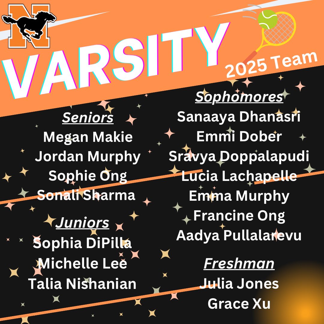 NVTennis's tweet photo. 🎾🎉💯We are super proud and excited to announce our 2025 Varsity and Junior Varsity Girls Tennis Teams! Congratulations to all players! We are charged and ready to get started with our season! 🔥🐴🧡🎾🖤 
#northvilleproud #team #herewegomustangs #northvilletennis #tennisislife https://t.co/IQ9xcmfPM3