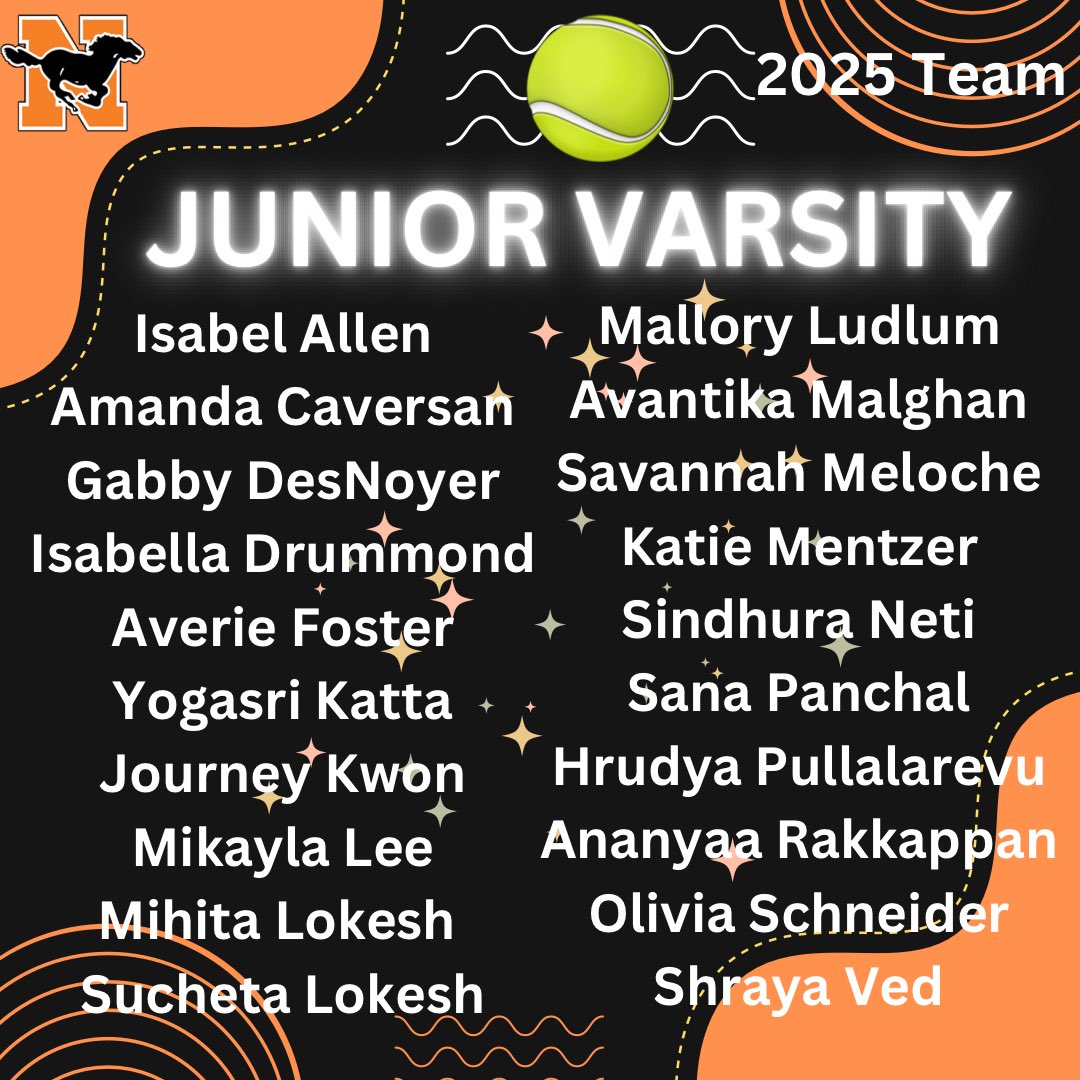 🎾🎉💯We are super proud and excited to announce our 2025 Varsity and Junior Varsity Girls Tennis Teams! Congratulations to all players! We are charged and ready to get started with our season! 🔥🐴🧡🎾🖤 
#northvilleproud #team #herewegomustangs #northvilletennis #tennisislife