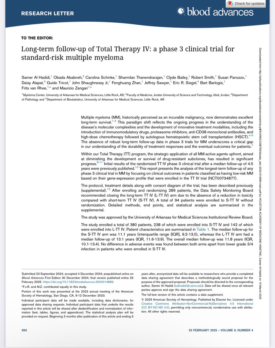 Samer Al Hadidi, MD,MS,FACP (@hadidisamer) on Twitter photo Longest follow up of phase III clinical trials in myeloma #mmsm <a href="/UAMSMyeloma/">UAMS Myeloma Center</a> <a href="/BloodAdvances/">Blood Advances</a>
➡️ ashpublications.org/bloodadvances/…
✅Median survival >13 years
✅ 41% of patients remained disease free and off therapy with fixed-duration therapy in standard-risk MM
✅Myeloma is curable Longest follow up of phase III clinical trials in myeloma #mmsm <a href="/UAMSMyeloma/">UAMS Myeloma Center</a> <a href="/BloodAdvances/">Blood Advances</a>
➡️ ashpublications.org/bloodadvances/…
✅Median survival >13 years
✅ 41% of patients remained disease free and off therapy with fixed-duration therapy in standard-risk MM
✅Myeloma is curable