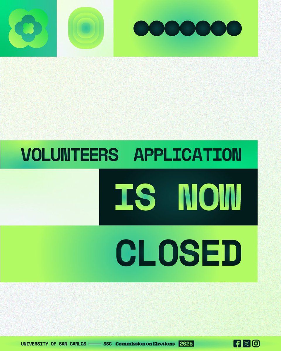 usccomelec's tweet photo. 𝐕𝐎𝐋𝐔𝐍𝐓𝐄𝐄𝐑 𝐅𝐎𝐑𝐌 𝐈𝐒 𝐍𝐎𝐖 𝐂𝐋𝐎𝐒𝐄𝐃!

USC COMELEC would like to thank everyone for volunteering this upcoming SSC elections. Please check your emails for the results of your application.

#USCCOMELEC2025
#2025USCSSCElections
#DemocracyStartsWithYou https://t.co/lC1hwj7QJz