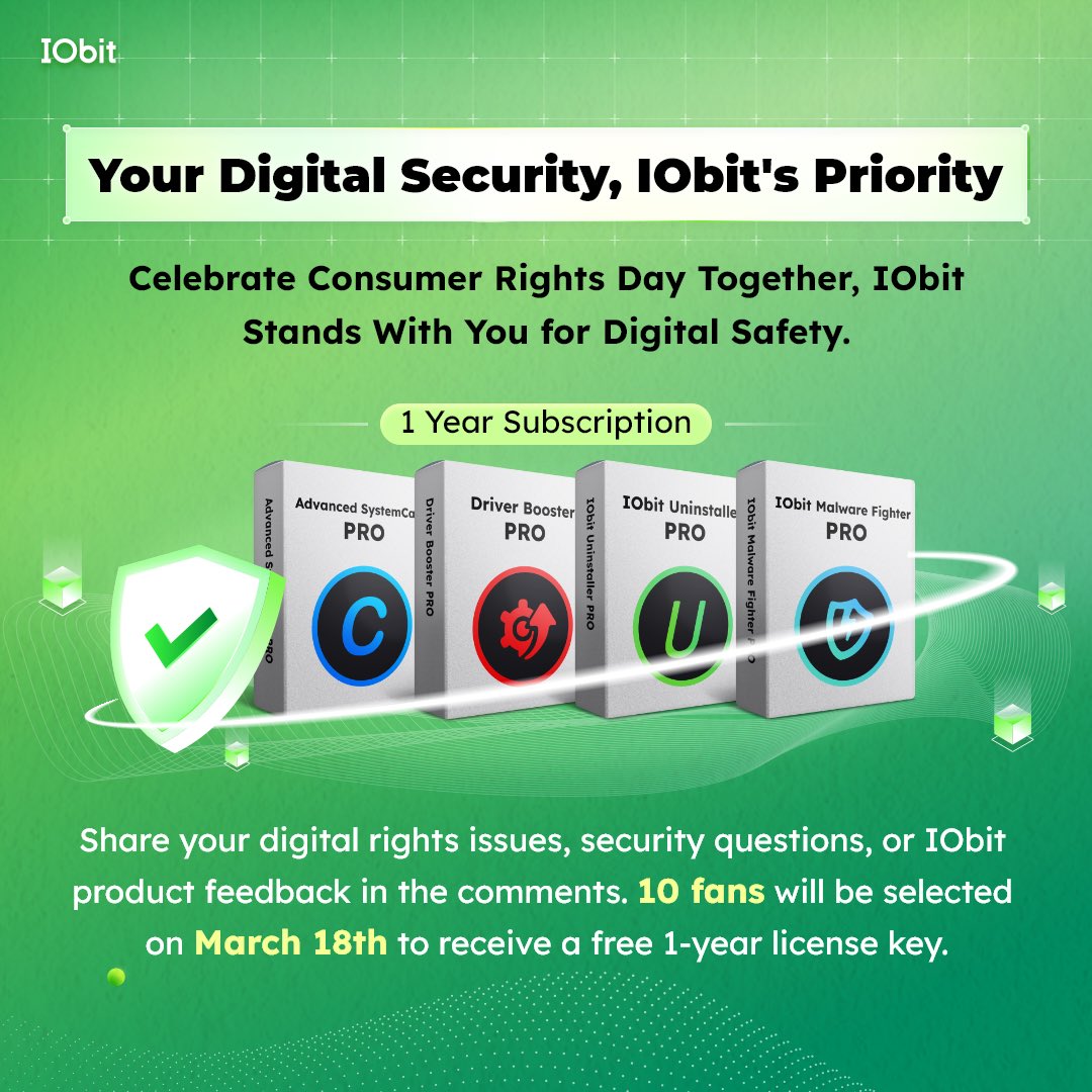 IObit Software (@iobitsoft) on Twitter photo It's GIVEAWAY TIME to celebrate ๐๐จ๐ซ๐ฅ๐ ๐๐จ๐ง๐ฌ๐ฎ๐ฆ๐๐ซ ๐๐ข๐ ๐ก๐ญ๐ฌ ๐๐๐ฒ!
IObit is committed to protecting your digital rights. Share your digital security concerns or experiences in the comments, and you will win a ๐-๐๐๐๐ซ subscription for free! It's GIVEAWAY TIME to celebrate ๐๐จ๐ซ๐ฅ๐ ๐๐จ๐ง๐ฌ๐ฎ๐ฆ๐๐ซ ๐๐ข๐ ๐ก๐ญ๐ฌ ๐๐๐ฒ!
IObit is committed to protecting your digital rights. Share your digital security concerns or experiences in the comments, and you will win a ๐-๐๐๐๐ซ subscription for free!