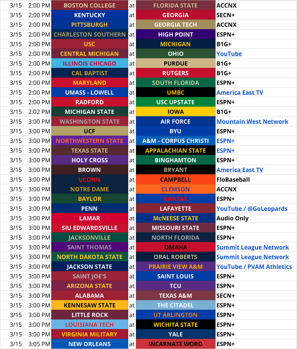 AUPPL's tweet image. College Baseball TV and Streaming for Saturday March 15

Might have missed some late weather adjustments so double check official sites

Stay safe out there

#CollegeBaseball