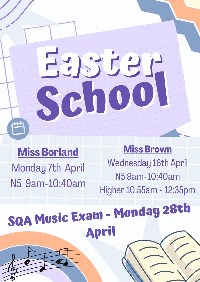 Some Easter school dates and times for your diary! Come along for some extra N5 or Higher revision ahead of the music listening exam🎶🎧📚