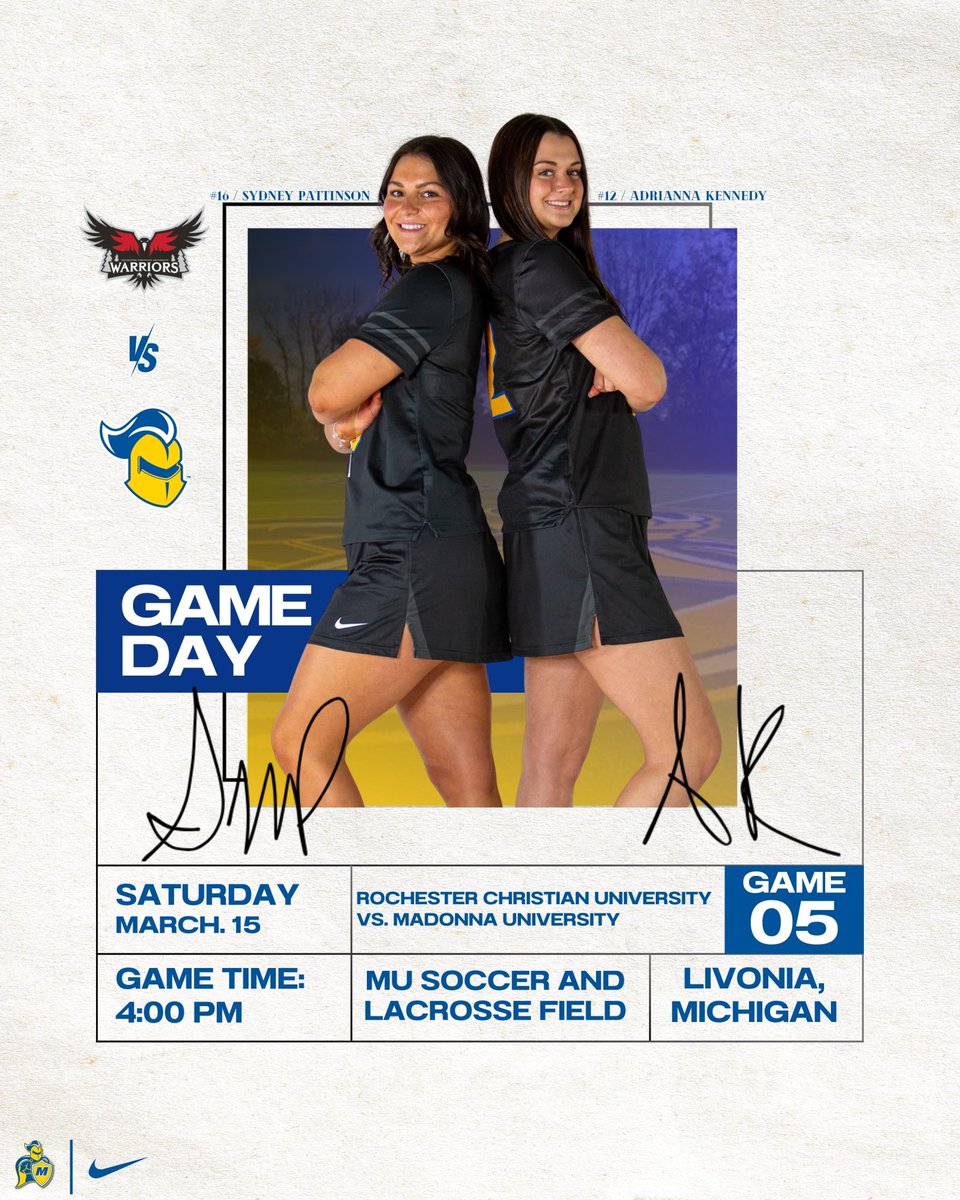 GAMEDAY!⚔️

🆚: Rochester Christian University
📍: Livonia, Michigan
🏟️: MU Soccer and Lacrosse Field
🕐: 4:00 PM
📺: bit.ly/3RblgTq
📊: shorturl.at/cxYJ7