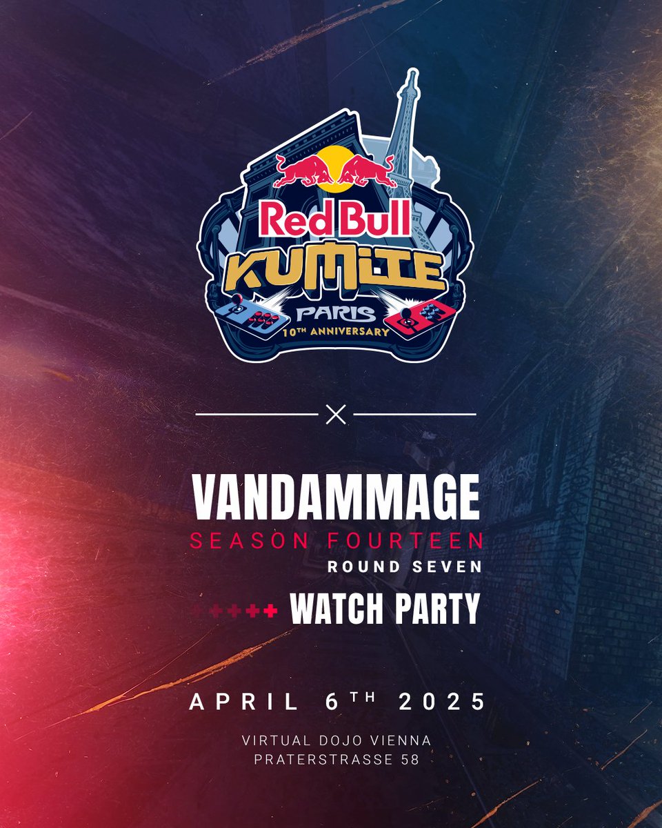 Virtual Dojo Vienna (@virtualdojo) on Twitter photo ‼️Red Bull x VanDammage‼️
Hey everyone! We’re excited to host a Red Bull Kumite Paris watch party at Virtual Dojo Vienna, teaming up with <a href="/redbullAustria/">Red Bull Austria</a> 🔥
🔷 Red Bull Kumite x VanDammage 🟥
🗓️ Date: April 6th, 2025
🚪 Doors Open: 1PM CEST
👊 VanDammage start: 3PM CEST
📖 ‼️Red Bull x VanDammage‼️
Hey everyone! We’re excited to host a Red Bull Kumite Paris watch party at Virtual Dojo Vienna, teaming up with <a href="/redbullAustria/">Red Bull Austria</a> 🔥
🔷 Red Bull Kumite x VanDammage 🟥
🗓️ Date: April 6th, 2025
🚪 Doors Open: 1PM CEST
👊 VanDammage start: 3PM CEST
📖