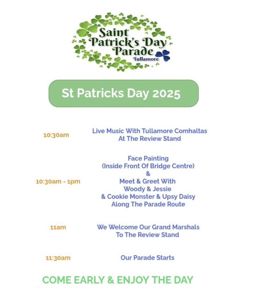 17MarchOffaly's tweet photo. Fun &amp; Entertainment Awaits This St Patrick’s Day, Monday 17th In Tullamore 

#stpatricksday @VisitOffaly https://t.co/g2FKzKP5q3