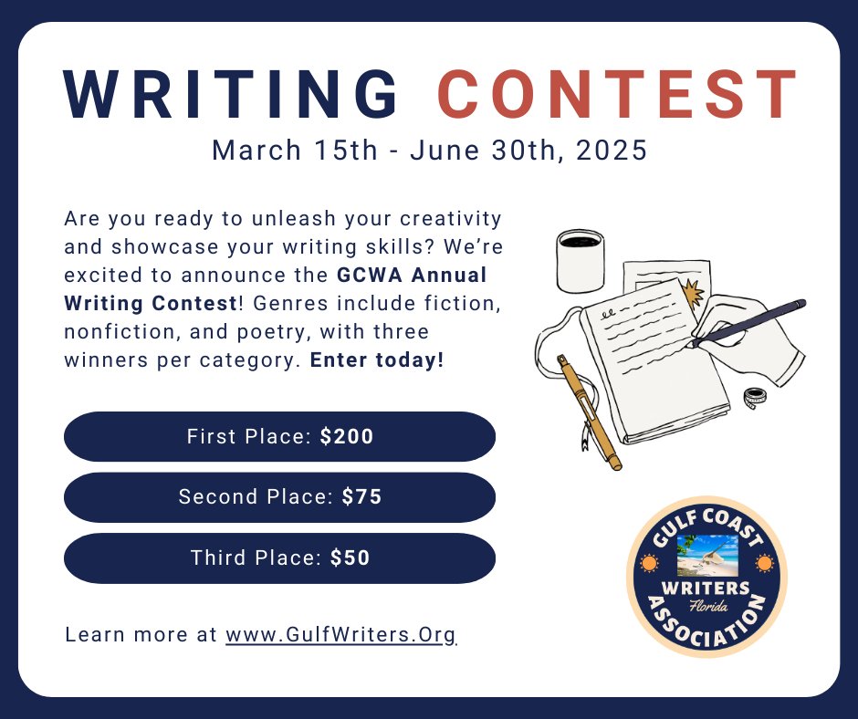GCWA_SWFL's tweet image. It's that time again! The Gulf Coast Writers Association has opened its annual #writing #contest! Details at gulfwriters.org/contest-inform…
#WritingCommunity #writers #Essay #poetry #fiction #nonfiction