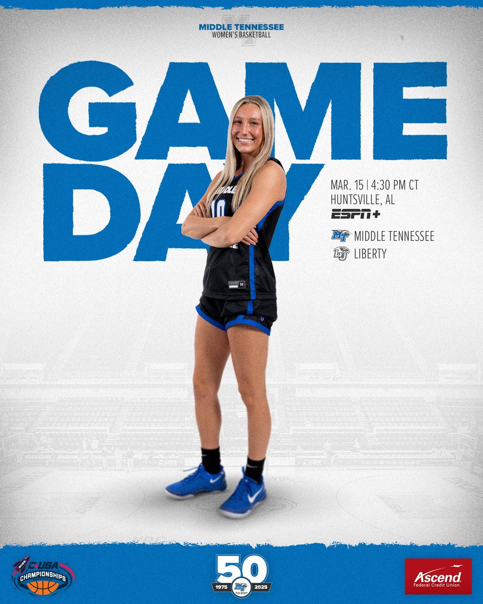 Middle Tennessee Women's Basketball (@mt_wbb) on Twitter photo Itโs Championship Saturday in Hunstville!
๐ Liberty
๐ Huntsville, Ala.
๐๏ธ Propst Arena at theย Von Braun Center
โฐ 4:30 p.m. CT
๐บ GoBlueRaiders.co/WBB-Watch | CBSSN
๐ป GoBlueRaiders.co/WBB-Radio | WGNS
๐ GoBlueRaiders.co/WBB-Stats
๐๏ธ GoBlueRaiders.co/WBB-Tickets
#TrueBlue | #Team50 Itโs Championship Saturday in Hunstville!
๐ Liberty
๐ Huntsville, Ala.
๐๏ธ Propst Arena at theย Von Braun Center
โฐ 4:30 p.m. CT
๐บ GoBlueRaiders.co/WBB-Watch | CBSSN
๐ป GoBlueRaiders.co/WBB-Radio | WGNS
๐ GoBlueRaiders.co/WBB-Stats
๐๏ธ GoBlueRaiders.co/WBB-Tickets
#TrueBlue | #Team50