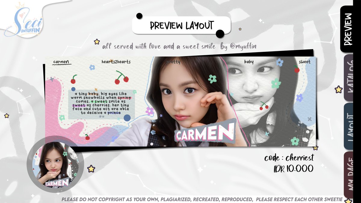 myuffin's tweet image. Help RT? tia!💗🥢

dive into 'whimsy symphony'! 🚀🎵 embrace our cute wonders, ur heart's melody.🎁💖

toko mungil Seci menyediakan layout ready stock 'cherriest' dengan  faceclaim Carmen seharga 10.OOO@. cus sung dm📣
#zonauang #zonajajan