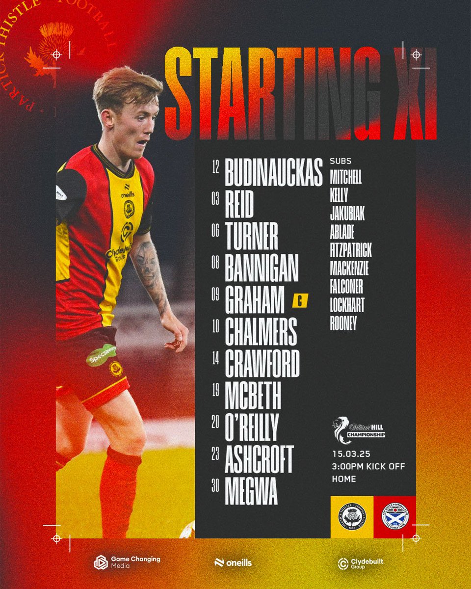 PartickThistle's tweet photo. 📋 Your Partick Thistle team to face Ayr United this afternoon in the William Hill Championship.

❌ Scott Martin out injured
🔄 Turner comes in from the start
⬆️ U18s Lockhart and Rooney on the bench

Teamlines presented by @gamechanging_. https://t.co/A2RzF5Ybjw