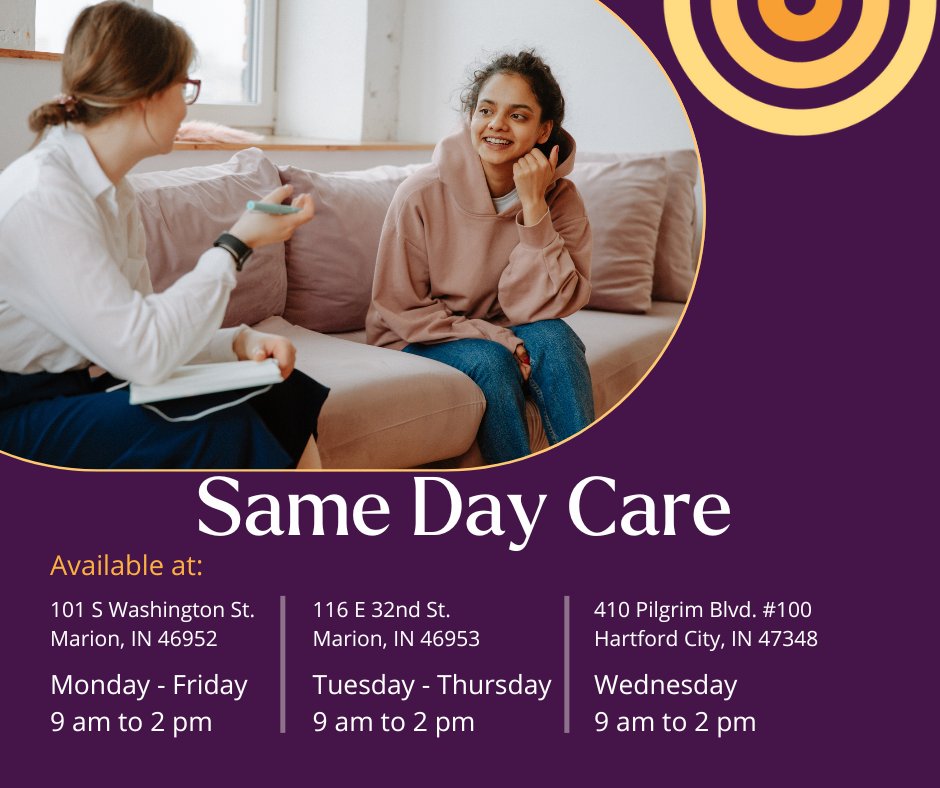GetRadiantMH's tweet image. Empower yourself by taking charge of your mental health through Same Day Care—offering walk-in appointments for immediate support. 

For information, call 765.662.3971, visit getradiant.org/care-today and start your journey to a brighter tomorrow.

#WalkInCare #ImmediateSupport