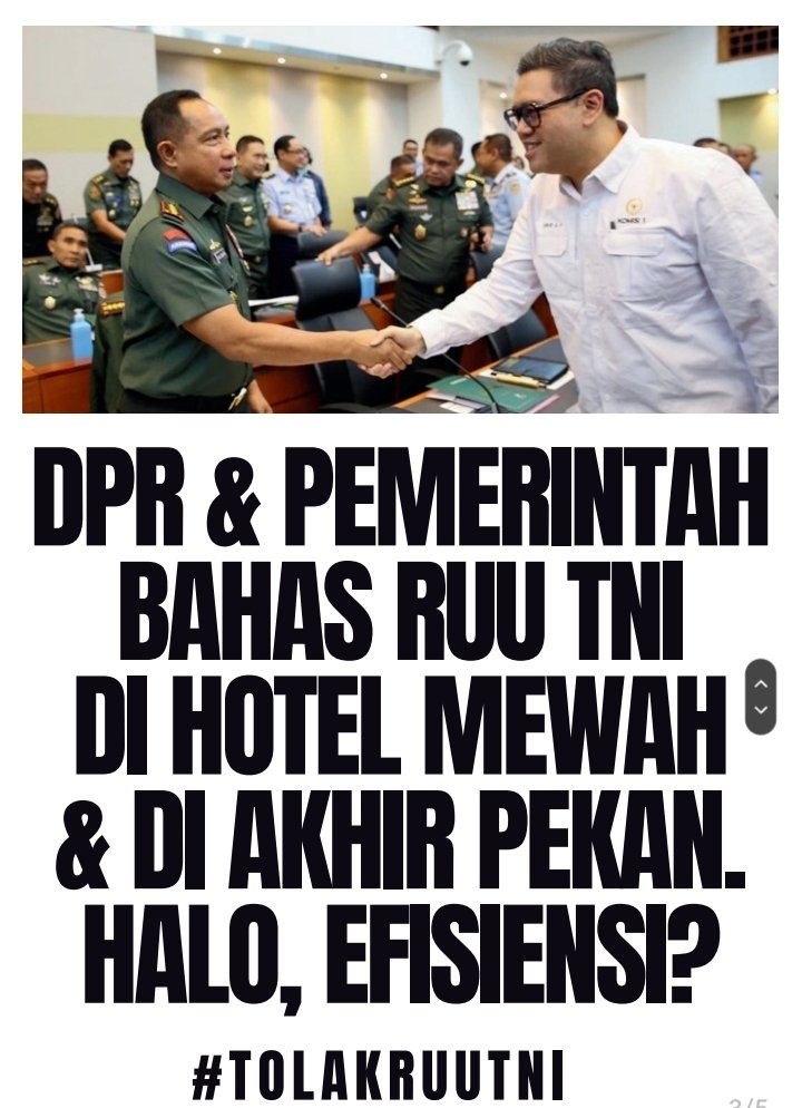 Kalau mereka memaksakan kehendak, membahas revisi UU TNI secara tertutup di negeri yang katanya menganut demokrasi. Menyewa hotel mewah padahal rakyat menjerit karena omon-omon efisiensi.

Maka kewarasan &amp; nurani akan menuntun kita untuk melawan &amp; suarakan #TolakRUUTNI