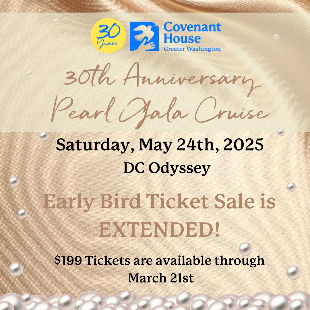 It's not too late to lock in early bird pricing for our 30th Anniversary Pearl Gala Cruise! As a special thank you to our supporters, we are EXTENDING our Early Bird ticket sale through March 21st. For more information and tickets, click this link: covenanthousegw.org/2025-gala-crui…