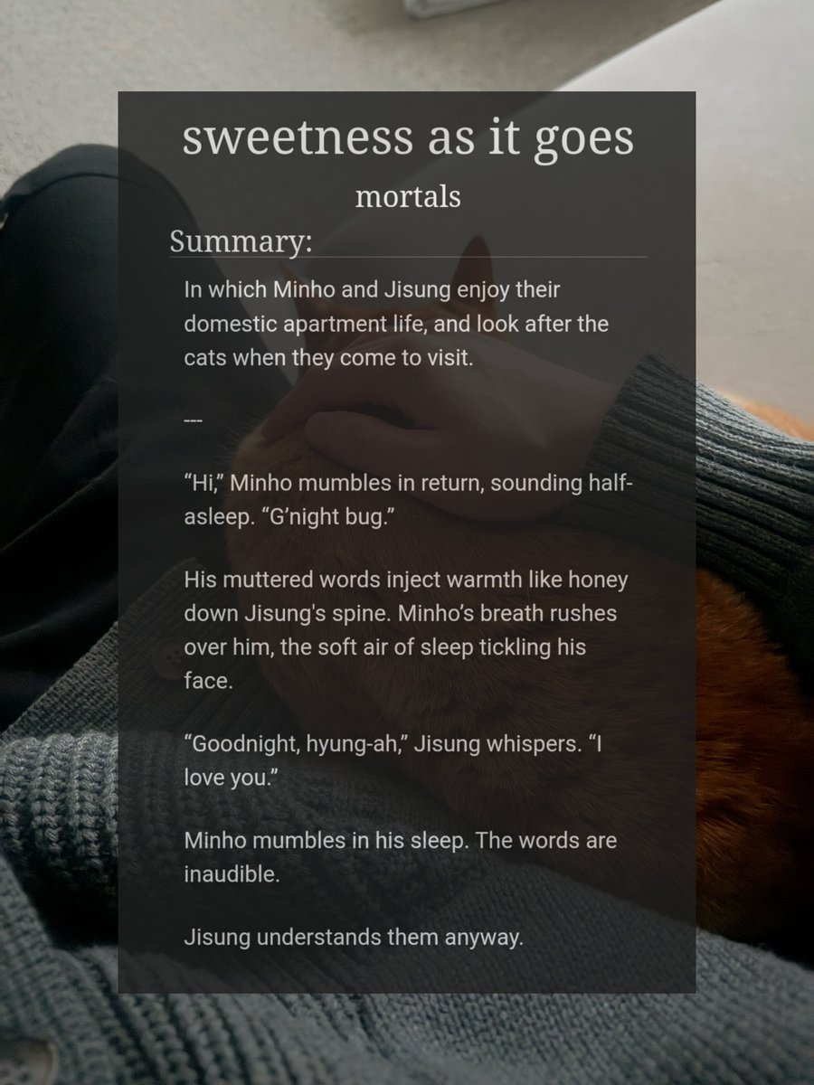 sweetness as it goes
▪️ mnsvng 🐰🐿️
▪️ Rated T, 4.9k, complete
▪️ canon compliant, tooth-rotting domestic fluff, soondoongdori
▪️written for <a href="/blkel2014/">Brittany 📚💜🎶</a> for stays for moh raffle 💕
archiveofourown.org/works/63862792