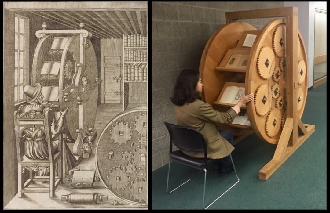 The Bookwheel, invented in 1588 by Italian engineer Agostino Ramelli, was a heavy, 600-pound wooden rotating bookcase that let scholars easily use up to eight open books at once. It had a clever gear system to keep the books upright as the wheel turned by hand, saving time for