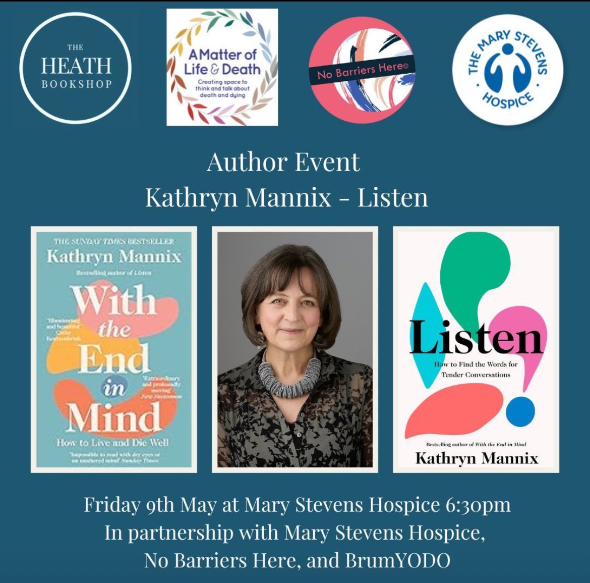 Looking forward to welcoming <a href="/drkathrynmannix/">Kathryn Mannix</a> to <a href="/MSHospice/">The Mary Stevens Hospice</a> for a special evening &amp; author event during <a href="/DyingMatters/">Dying Matters</a> week, in partnership with The Heath Bookshop,   <a href="/BrumYODO/">BrumYODO CIC</a> &amp; <a href="/NoBarriersHere/">No Barriers Here©️</a> 📚 

🔗 Book your tickets here: the-heath-bookshop.eventcube.io/events/72157/k…