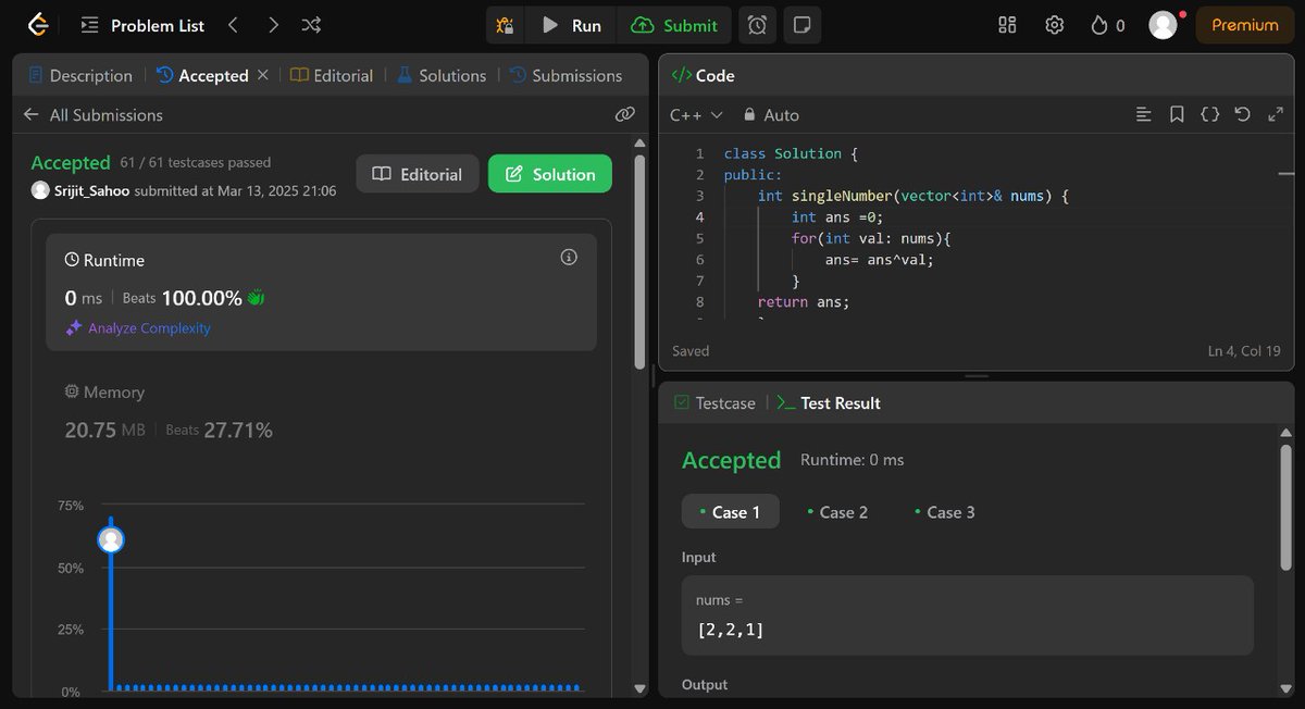 The_Srijit's tweet photo. Day 14✅of learning DSA in C++ 
Today I revised the topic of single number problem and solved few questions on it. 

Thank you 😁 https://t.co/wUGrP4P2Mu