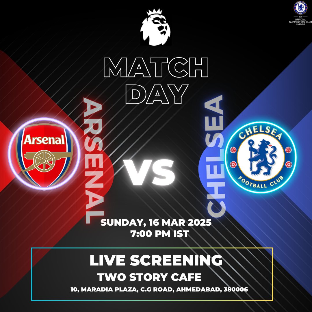 ITS MATCHDAY! <a href="/Arsenal/">Arsenal</a> welcome <a href="/ChelseaFC/">Chelsea FC</a> for this week's <a href="/premierleague/">Premier League</a> fixture. 

Join us for screening! 🍿

DM for details.. 

#ChelseaFc #CiscAhmedabad #Screening #PremierLeague 
#ARSCHE