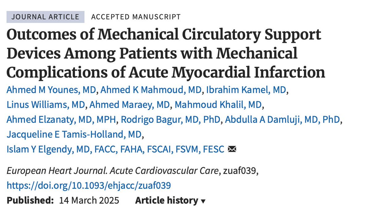 Abdulla A. Damluji, MD, PhD (@drdamluji) on Twitter photo Outcomes of Mechanical Circulatory Support Devices Among Patients with Mechanical Complications of Acute Myocardial Infarction: <a href="/ESC_Journals/">European Society of Cardiology Journals</a>
🥸 Congratulations to <a href="/islamelgendy83/">Islam Elgendy</a> for leading this great work - <a href="/RodrigoBagur/">Rodrigo Bagur 🇦🇷🇨🇦</a>
👇👇👇 Outcomes of Mechanical Circulatory Support Devices Among Patients with Mechanical Complications of Acute Myocardial Infarction: <a href="/ESC_Journals/">European Society of Cardiology Journals</a>
🥸 Congratulations to <a href="/islamelgendy83/">Islam Elgendy</a> for leading this great work - <a href="/RodrigoBagur/">Rodrigo Bagur 🇦🇷🇨🇦</a>
👇👇👇