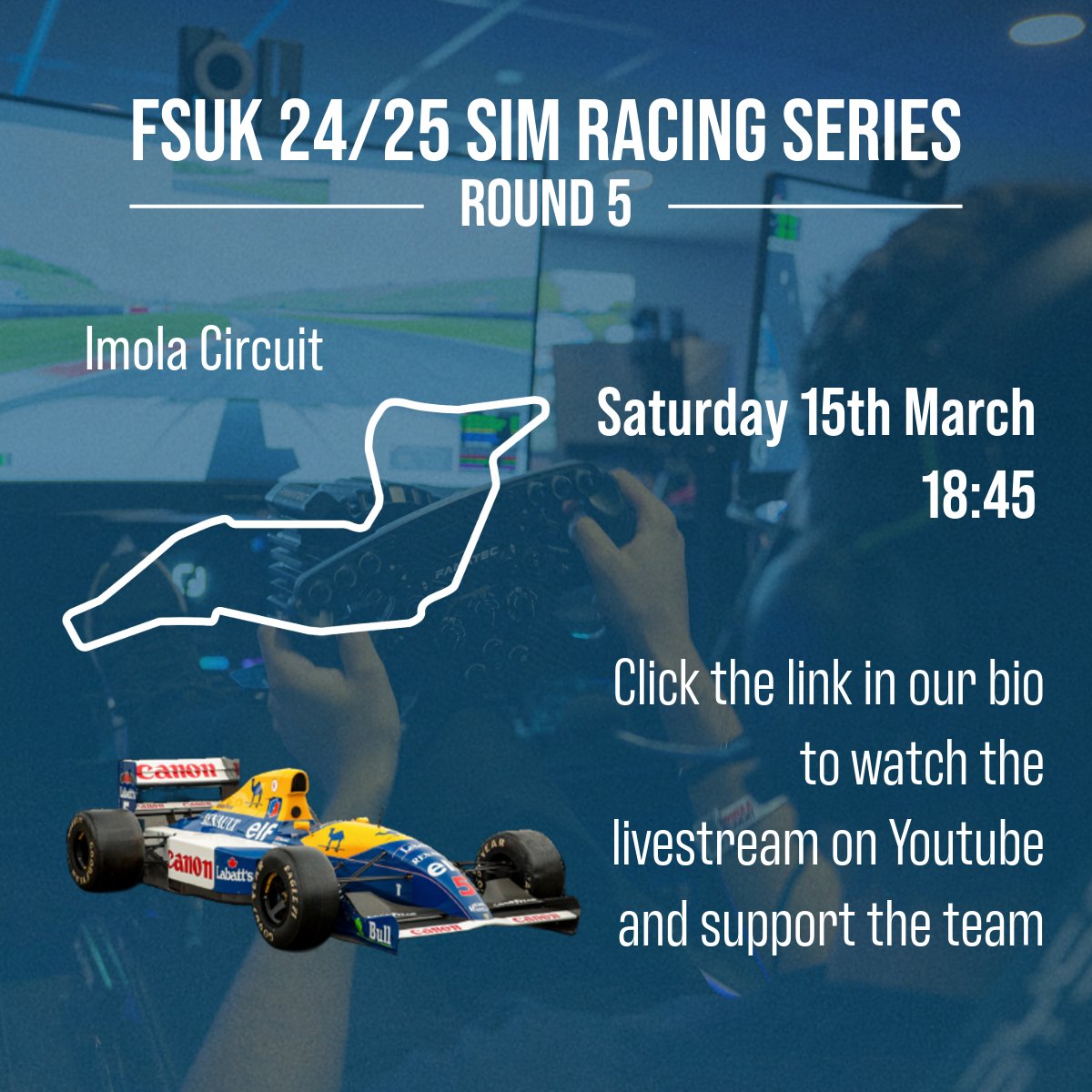 SUFST's tweet image. The next round of the @FormulaStudent Sim Racing competition is Saturday evening starting at 18:45!

Make sure to tune in and support the team as they race around Imola in historic F1 cars!

#formulastudent #fsuk #simracing #motorsport #engineering