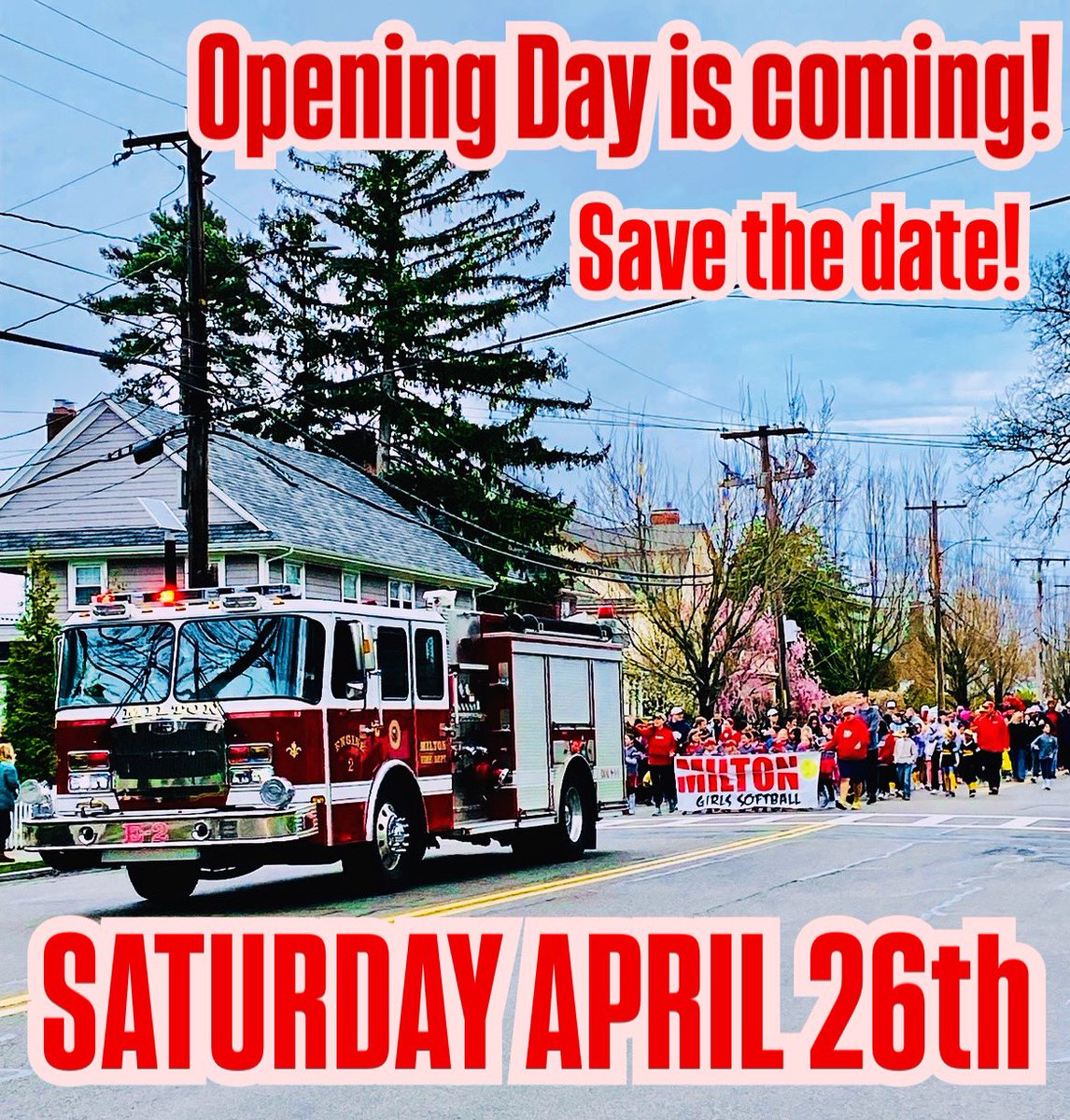 🥎Softball Season is almost here!

🗓️Save the date for our Opening Day Parade &amp; Celebration!

🎉Saturday, April 26th - Parade starts at 12:30 followed by an Opening Ceremony to throw out the first pitch of the season. There’ll be pizza, snacks, merch, bouncy houses, music &amp; fun!