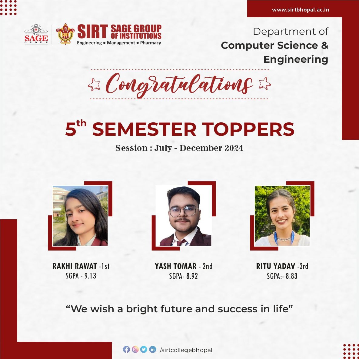 SIRT_BHOPAL's tweet photo. Congratulations 👏 👏
Kudos to our outstanding students! May your hard work and dedication lead you to even greater heights✨👏👏
#Congratulations #SIRT #SIRTcourses #StudentTalents #StudentHardwork #AdmissionsOpen #TheSageGroup #TheSageBhopal #Toppers https://t.co/WAgZzS6lGG