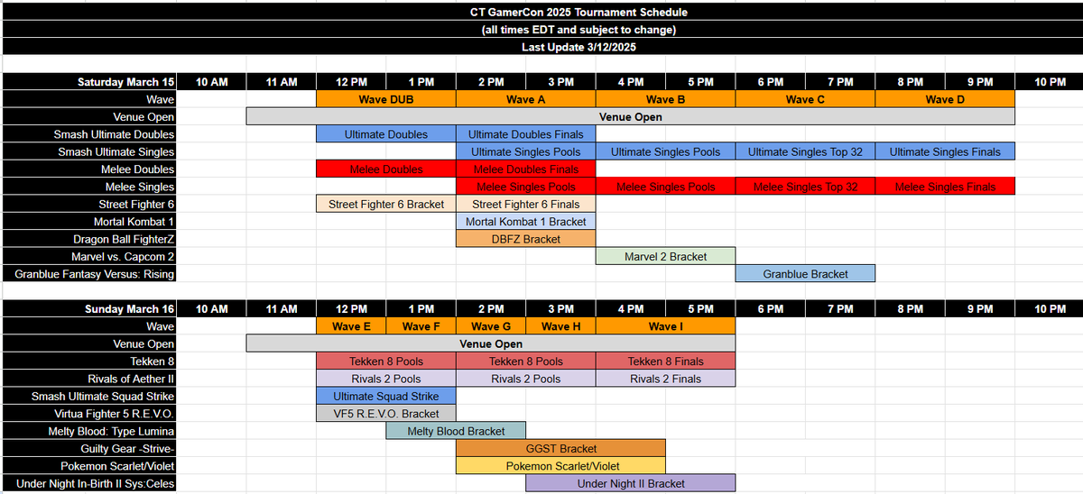 Good morning, everyone!
Day 1 of CT GamerCon 2025 is finally here. Here's the tournament schedule for all our main games for anyone that wants a readily accessible version of it!