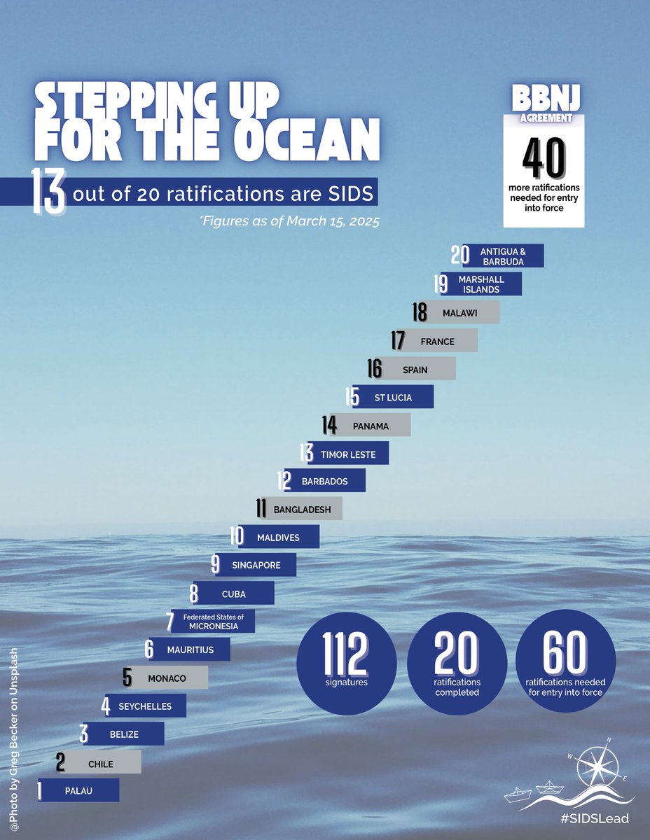AOSISChair's tweet photo. Palau was the first to ratify the 𝗕𝗕𝗡𝗝 𝗔𝗴𝗿𝗲𝗲𝗺𝗲𝗻𝘁, paving the way for 𝟭𝟯 𝗦𝗜𝗗𝗦 out of the 20 countries that have committed so far. 𝟲𝟬 𝗿𝗮𝘁𝗶𝗳𝗶𝗰𝗮𝘁𝗶𝗼𝗻𝘀 are needed for the Agreement to enter into force.
Who’s next?
#SIDSLead🧭 #RatifyNow #BBNJ https://t.co/ccpG03IFyu