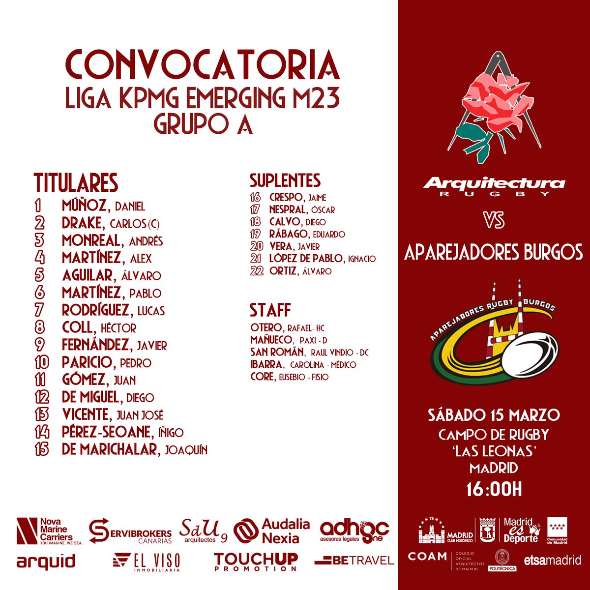 Club Deportivo Arquitectura (@cdarquitectura) on Twitter photo 📢CONVOCATORIAS EQUIPOS SENIOR🏉
¡Aúpa Escuela!🌹
#rugby #cda #arquitecturarugby #rugbymadrid #NuestroRugby
<a href="/ferugby/">España Rugby</a>
<a href="/RugbyMadrid/">Federación de Rugby de Madrid</a>
<a href="/ComunidadMadrid/">Comunidad de Madrid</a>
<a href="/MADRID/">Ayuntamiento Madrid</a>
<a href="/JMDvivallecas/">Villa de Vallecas</a>
<a href="/La_UPM/">Universidad Politécnica de Madrid</a>
<a href="/ETSAMadrid/">ETSAM</a>
<a href="/COAMadrid/">COAM</a> 📢CONVOCATORIAS EQUIPOS SENIOR🏉
¡Aúpa Escuela!🌹
#rugby #cda #arquitecturarugby #rugbymadrid #NuestroRugby
<a href="/ferugby/">España Rugby</a>
<a href="/RugbyMadrid/">Federación de Rugby de Madrid</a>
<a href="/ComunidadMadrid/">Comunidad de Madrid</a>
<a href="/MADRID/">Ayuntamiento Madrid</a>
<a href="/JMDvivallecas/">Villa de Vallecas</a>
<a href="/La_UPM/">Universidad Politécnica de Madrid</a>
<a href="/ETSAMadrid/">ETSAM</a>
<a href="/COAMadrid/">COAM</a>